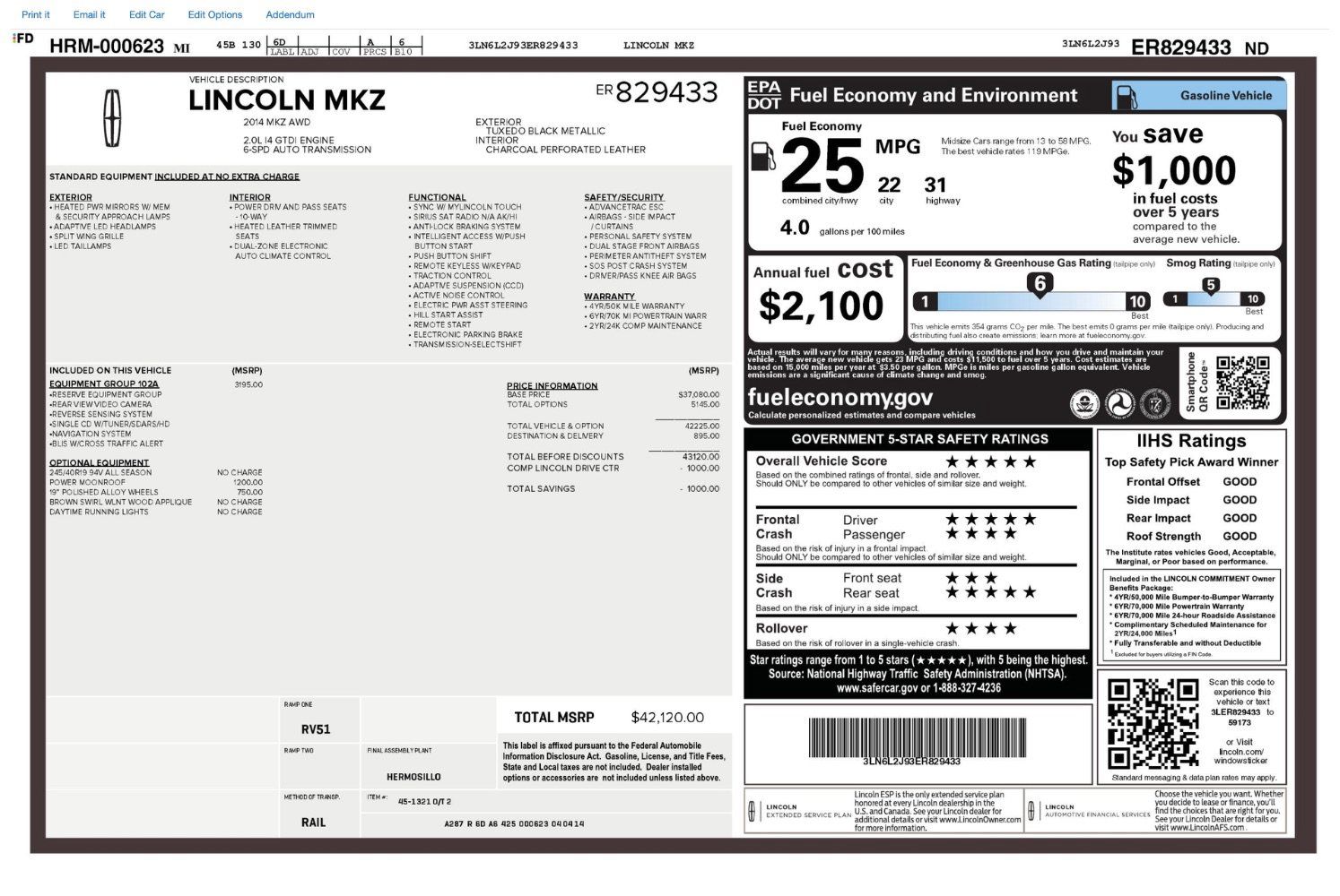 Used 2014 Lincoln MKZ AWD w/ Equipment Group 102A Reserve image 2