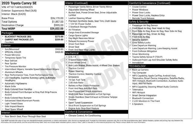 Certified 2020 Toyota Camry SE w/ Blackout Package FWD image 33