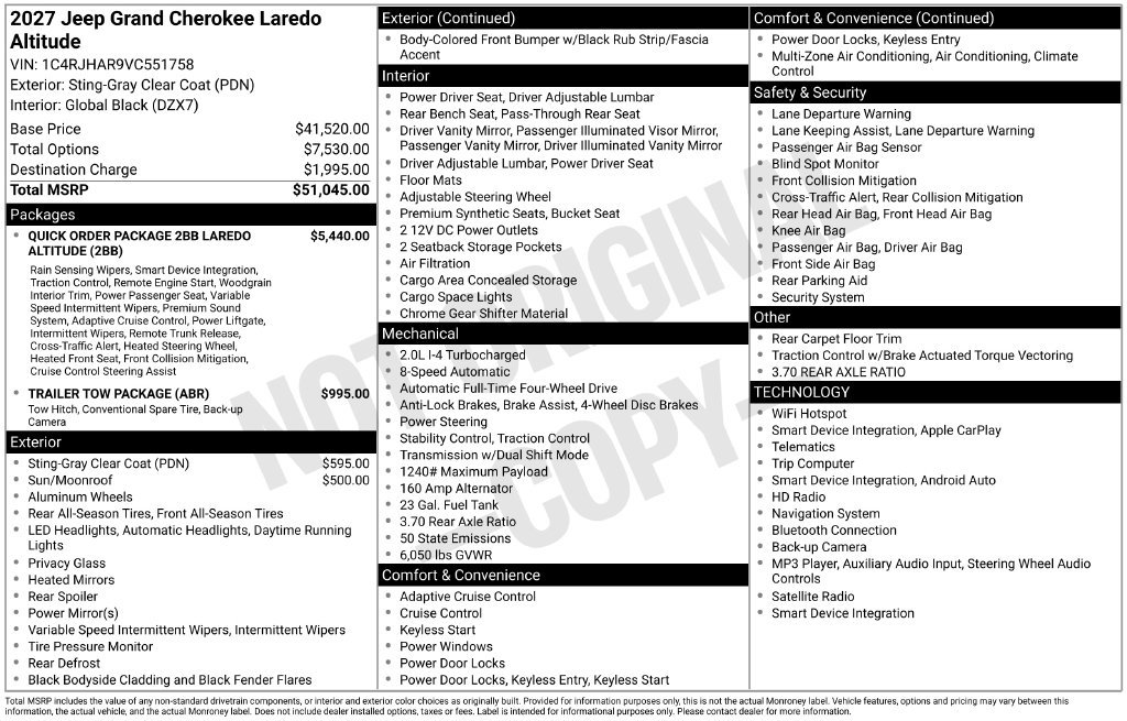 New 2027 Jeep Grand Cherokee Altitude AWD/4WD image 3