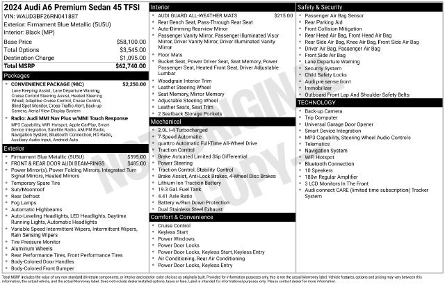 Certified 2024 Audi A6 2.0T Premium w/ Convenience Package AWD/4WD image 38