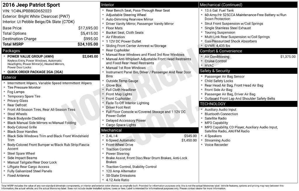 Used 2016 Jeep Patriot Sport w/ Power Value Group FWD image 7