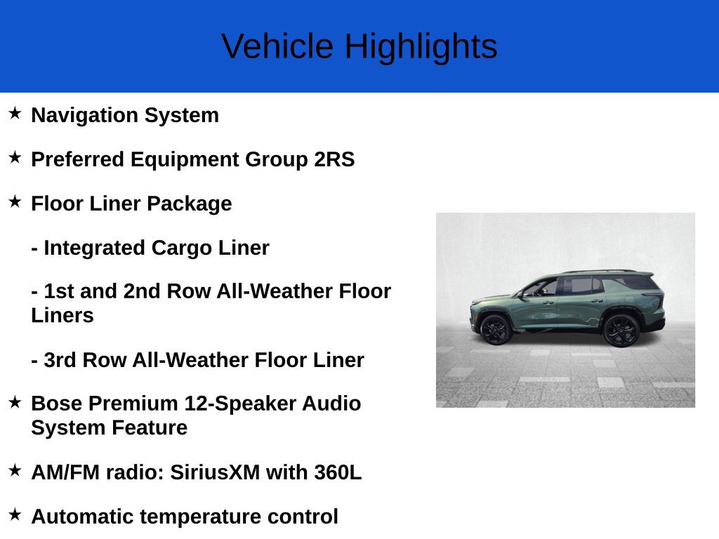 New 2027 Chevrolet Traverse RS w/ LPO, Floor Liner Package AWD/4WD image 2