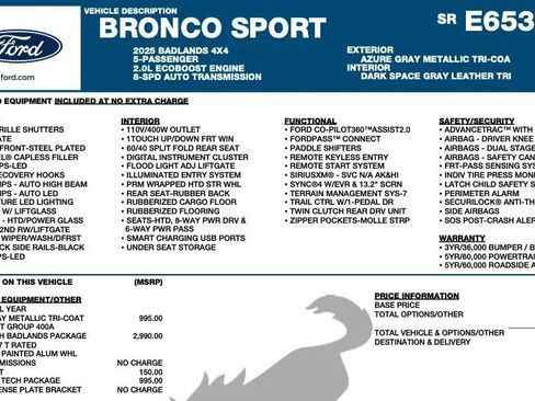 Used 2025 Ford Bronco Sport Badlands w/ Sasquatch Badlands Package AWD/4WD image 2