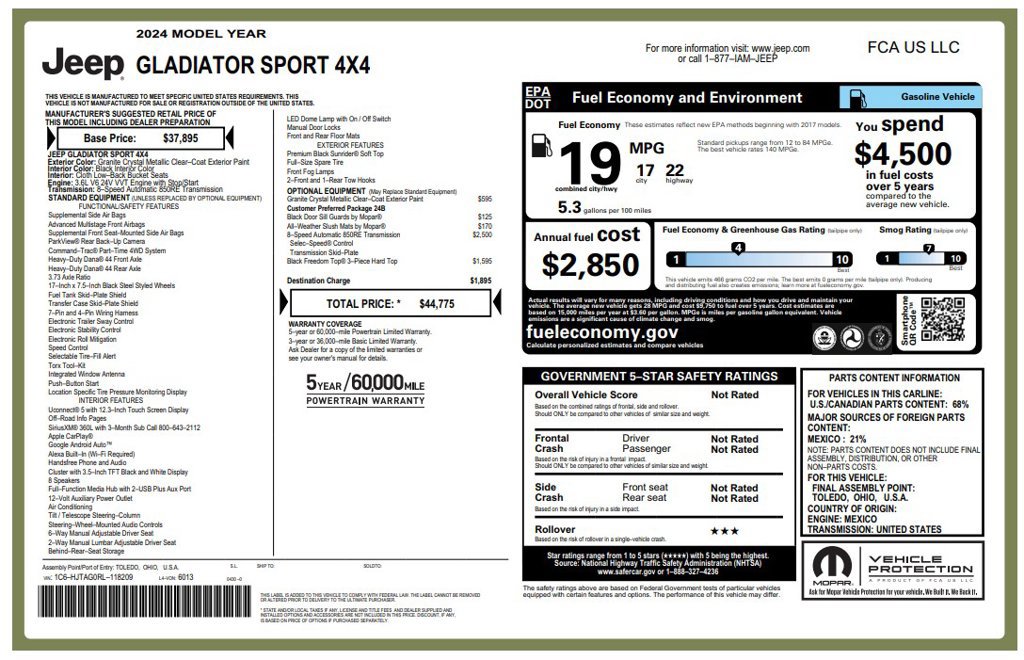 Certified 2024 Jeep Gladiator Sport AWD/4WD image 3