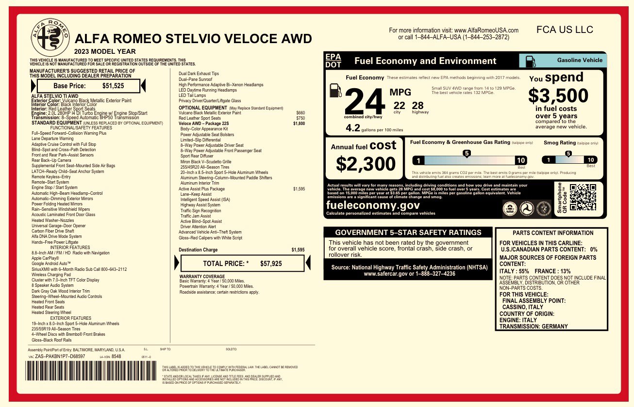 Used 2023 Alfa Romeo Stelvio Veloce AWD/4WD image 1