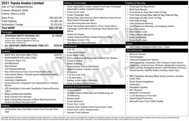 Used 2021 Toyota Avalon Limited w/ Advanced Safety Package FWD image 10