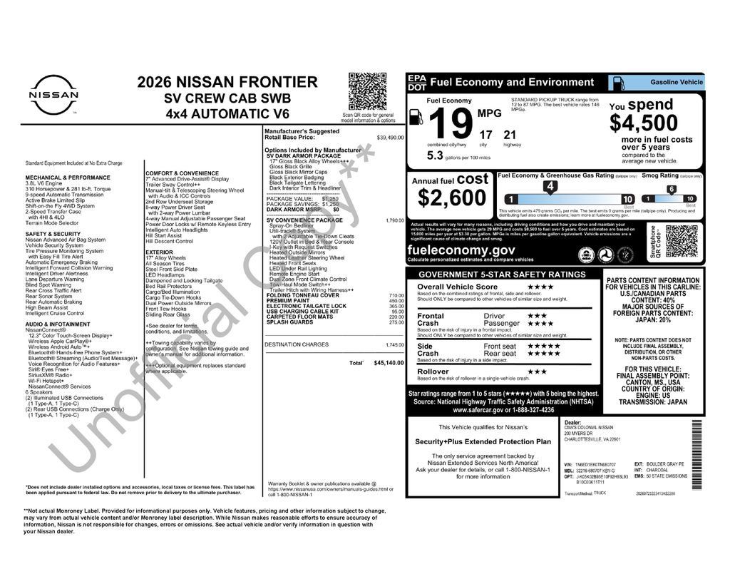 New 2026 Nissan Frontier SV w/ SV Convenience Package AWD/4WD image 2