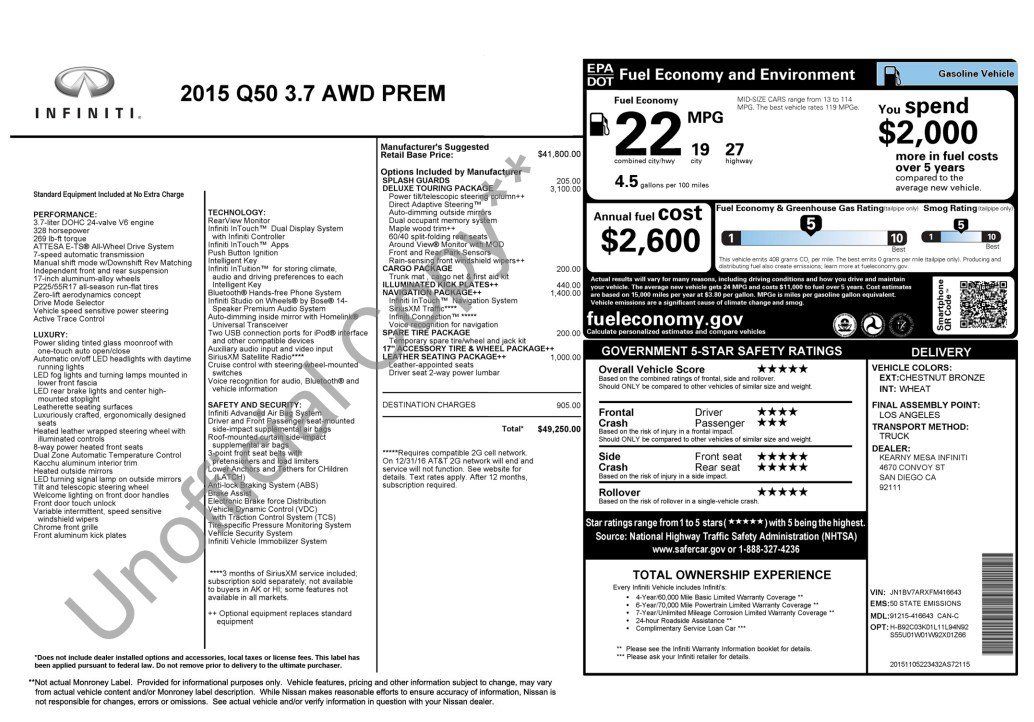 Used 2015 INFINITI Q50 Premium w/ Deluxe Touring Package AWD/4WD image 7