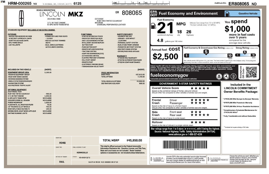 Used 2014 Lincoln MKZ AWD w/ Equipment Group 102A Reserve image 13