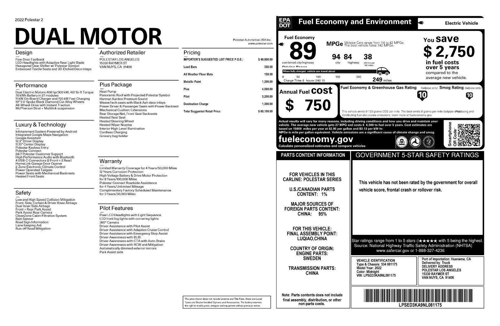 Used 2022 Polestar Polestar 2 w/ Plus Package AWD/4WD image 53
