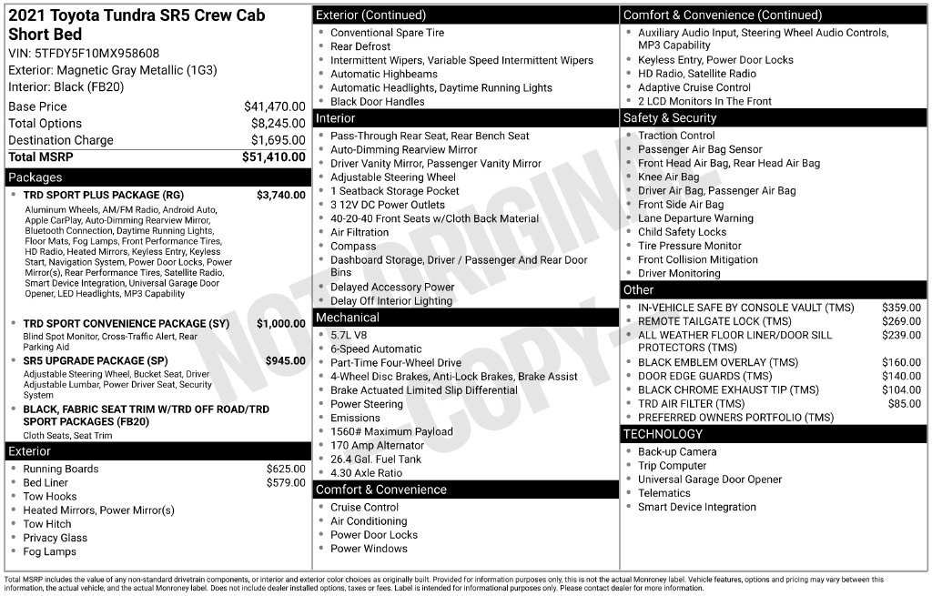 Used 2021 Toyota Tundra SR5 w/ TRD Sport Plus Package AWD/4WD image 30