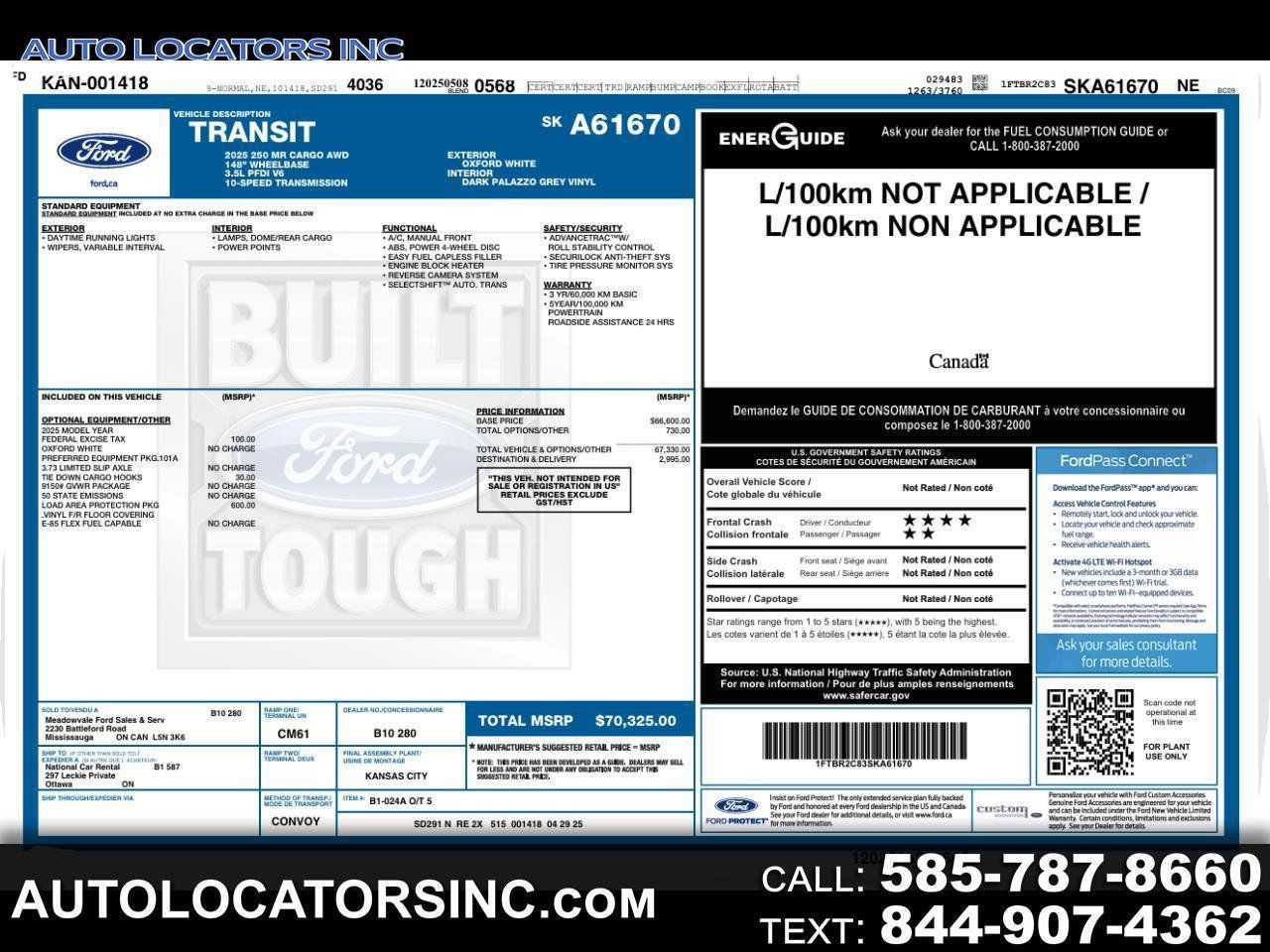 Used 2025 Ford Transit 250 148 Medium Roof Extended AWD w/ Load Area Protection Package image 1