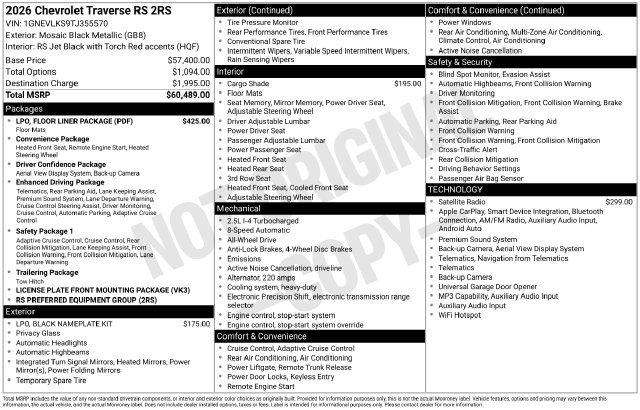 New 2026 Chevrolet Traverse RS w/ LPO, Floor Liner Package AWD/4WD image 25
