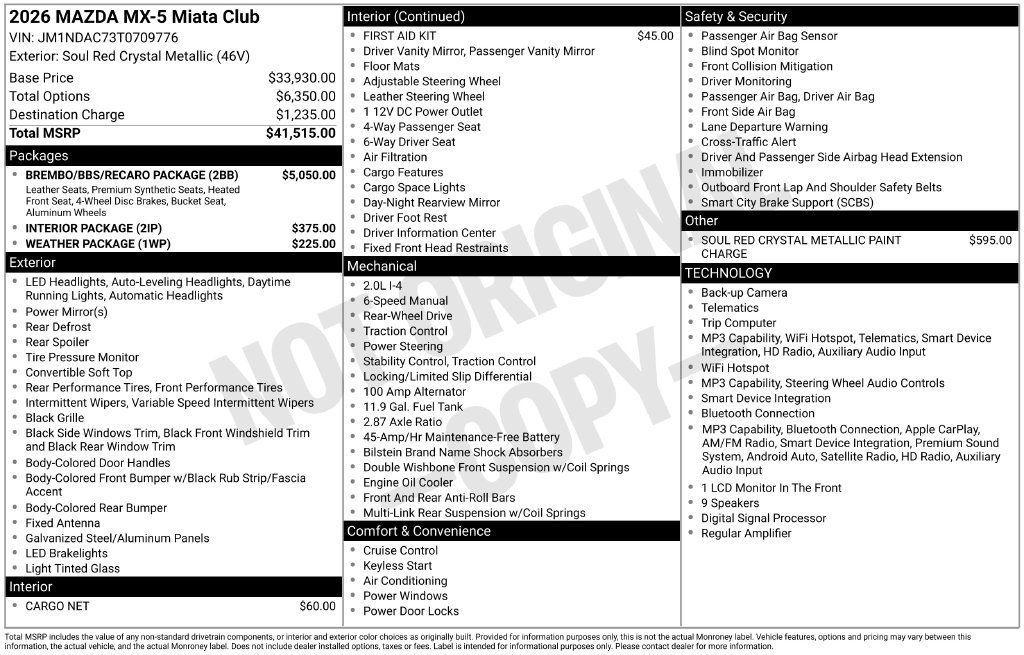 New 2026 MAZDA MX-5 Miata Club w/ Brembo/BBS/Recaro Package RWD image 2