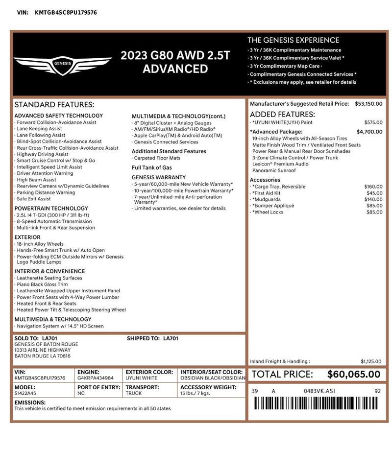 Used 2023 Genesis G80 2.5T w/ Advanced Package AWD/4WD image 3