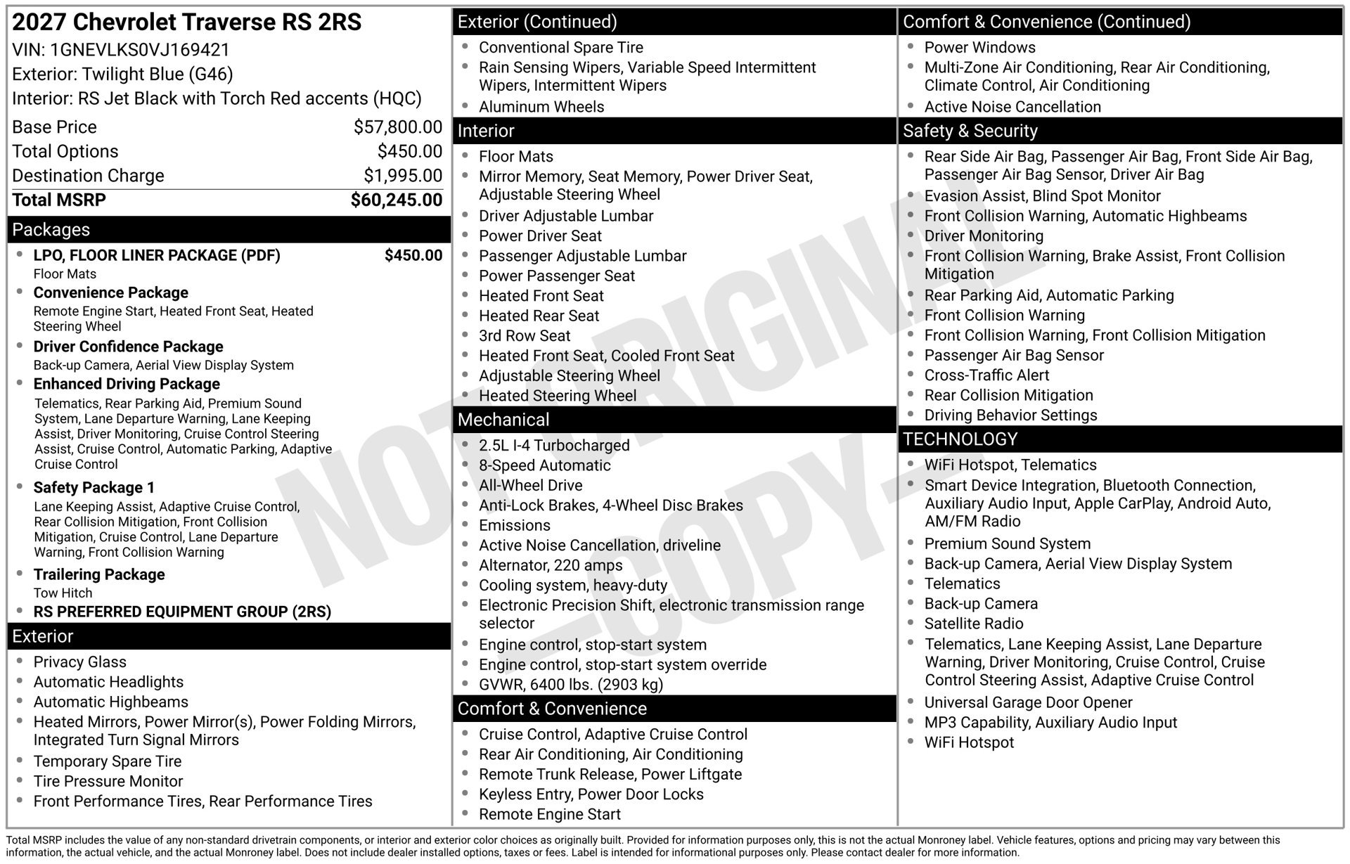 New 2027 Chevrolet Traverse RS w/ LPO, Floor Liner Package AWD/4WD image 4