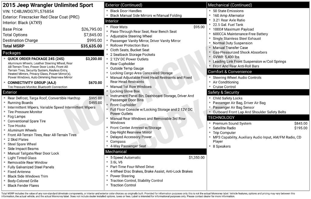 Used 2015 Jeep Wrangler Unlimited Sport w/ Quick Order Package 24S AWD/4WD image 2
