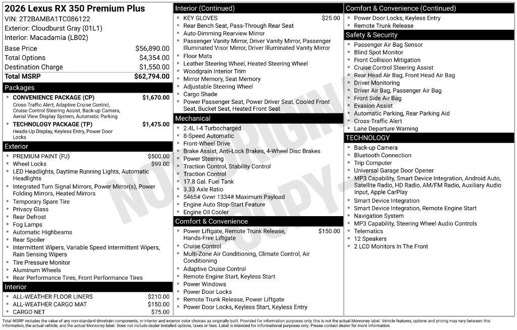New 2026 Lexus RX 350 Premium Plus w/ Convenience Package FWD image 4