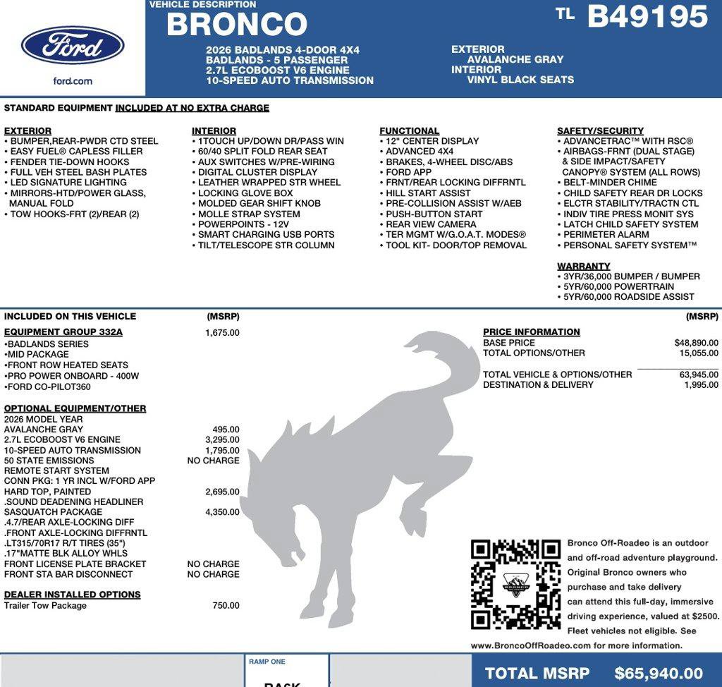 New 2026 Ford Bronco Badlands w/ Sasquatch Package AWD/4WD image 2