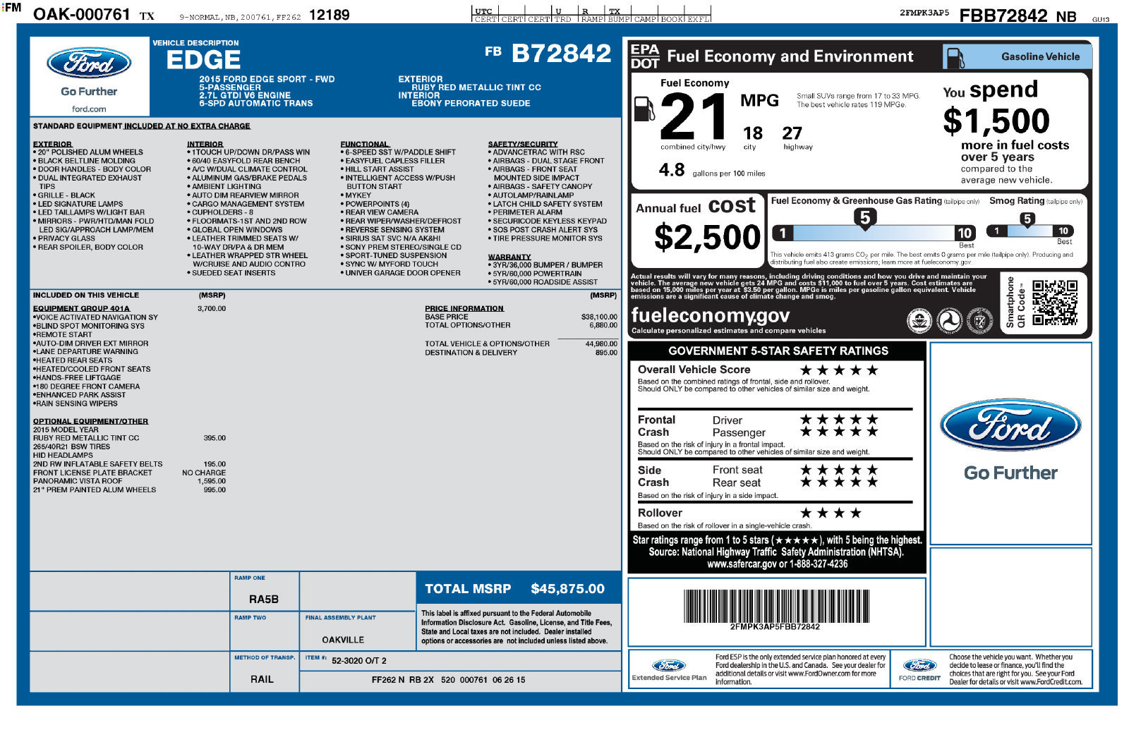 Used 2015 Ford Edge Sport w/ Equipment Group 401A FWD image 2