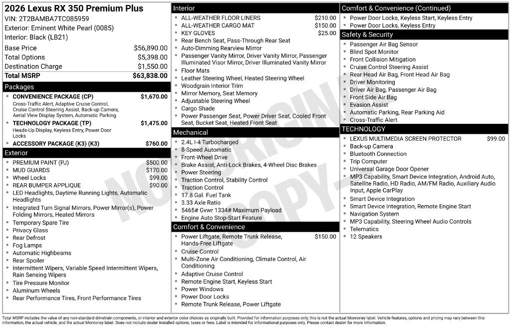 New 2026 Lexus RX 350 Premium Plus w/ Convenience Package FWD image 4