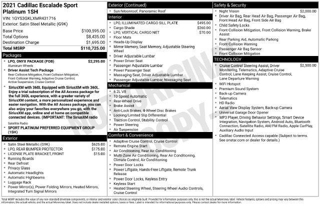 Certified 2021 Cadillac Escalade Sport Platinum w/ LPO, ONYX Package RWD image 46