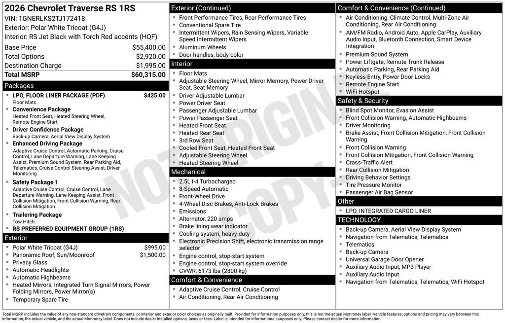 New 2026 Chevrolet Traverse RS w/ LPO, Floor Liner Package FWD image 5