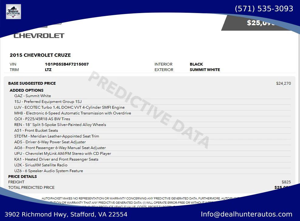 Used 2015 Chevrolet Cruze LTZ w/ Sun, Sound and Sport Package FWD image 2