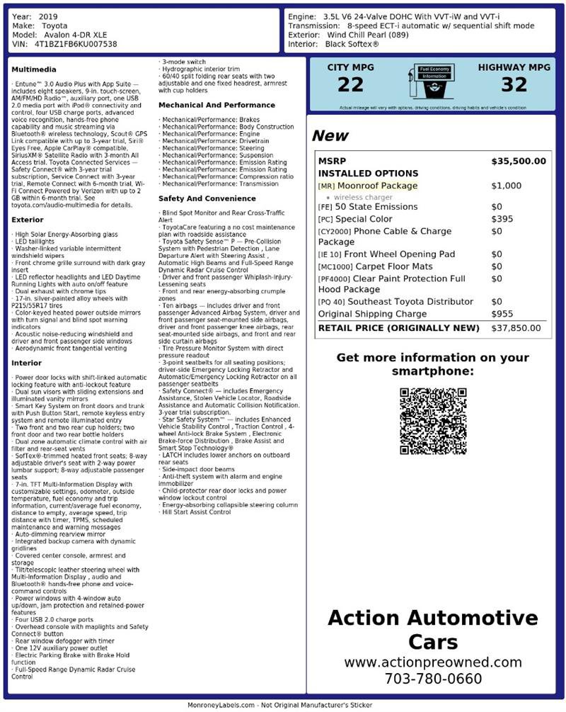 Used 2019 Toyota Avalon XLE w/ Moonroof Package FWD image 2