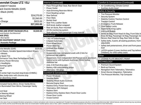 Used 2015 Chevrolet Cruze LTZ w/ Sun, Sound and Sport Package image 3