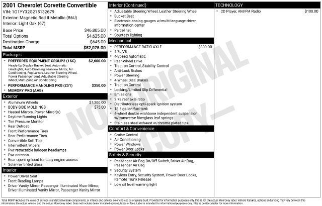 Used 2001 Chevrolet Corvette Convertible w/ Preferred Equipment Group2 RWD image 14