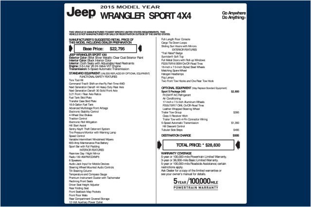 Used 2015 Jeep Wrangler Sport w/ Quick Order Package 24S AWD/4WD image 13