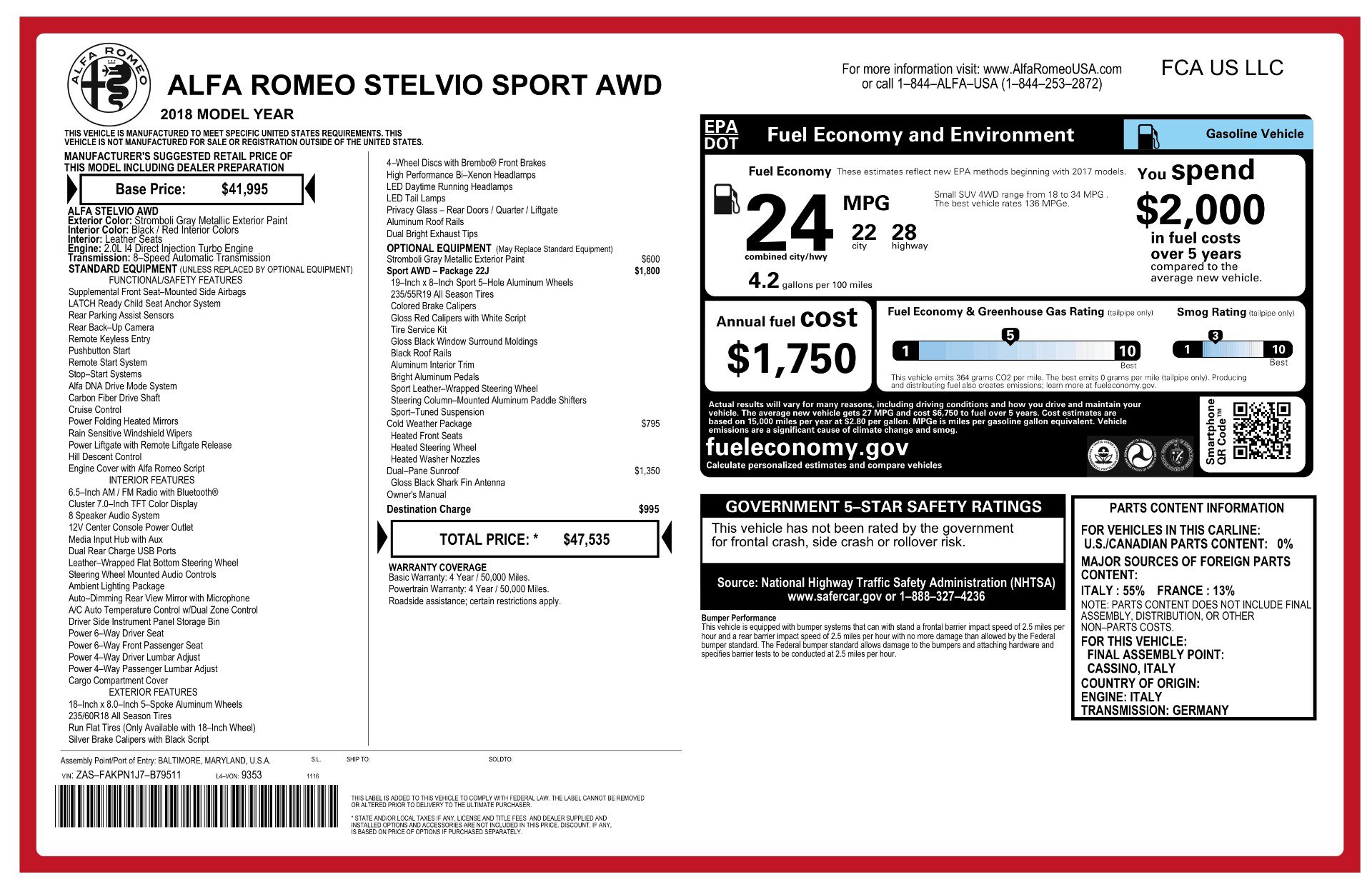 Used 2018 Alfa Romeo Stelvio Sport w/ Quick Order Package 22J Sport AWD/4WD image 3
