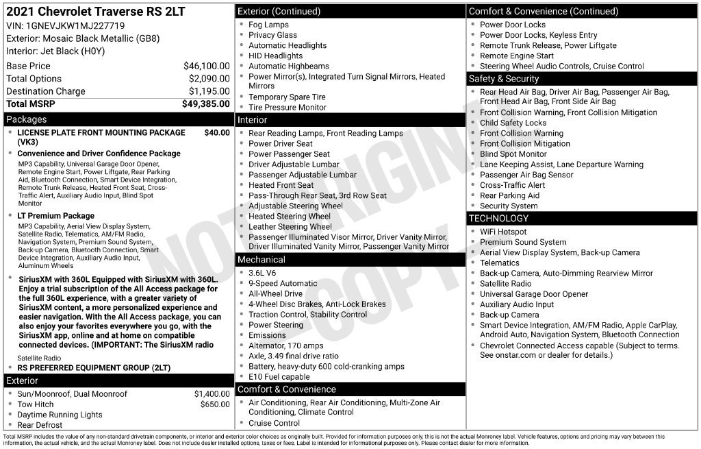 Certified 2021 Chevrolet Traverse RS AWD/4WD image 11