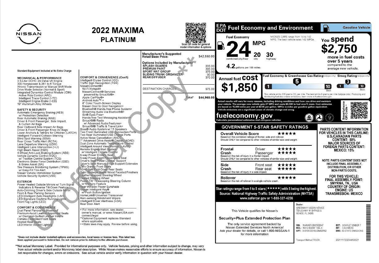 Used 2022 Nissan Maxima Platinum w/ Sport Mat Group FWD image 3