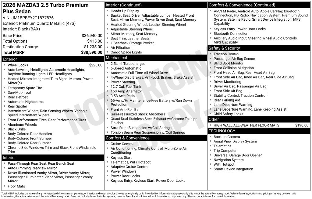 New 2026 MAZDA MAZDA3 2.5 Turbo Sedan w/Premium Plus AWD/4WD image 4