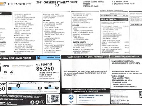 Used 2021 Chevrolet Corvette Stingray Premium Cpe w/ Z51 Performance Package image 96