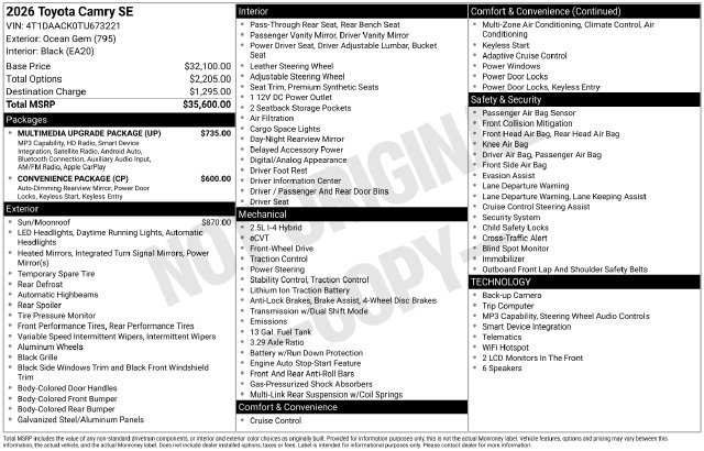 Used 2026 Toyota Camry SE w/ Multimedia Upgrade Package FWD image 2