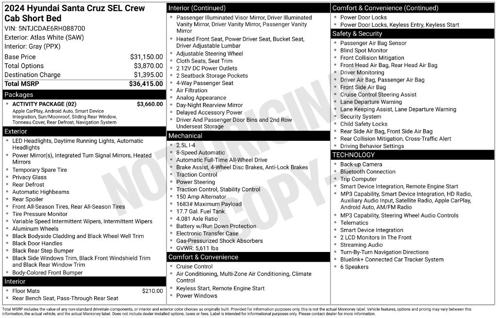 Used 2024 Hyundai Santa Cruz SEL w/ Activity Package AWD/4WD image 7