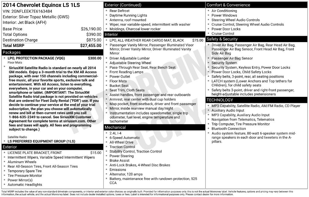 Used 2014 Chevrolet Equinox LS w/ LPO, Protection Package AWD/4WD image 4