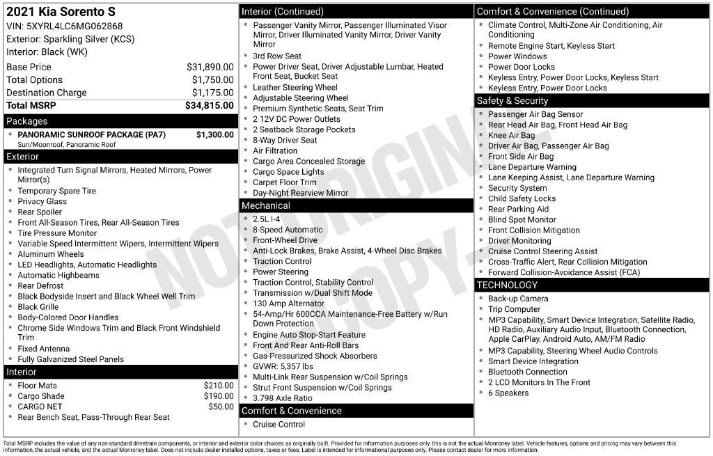 Used 2021 Kia Sorento S w/ Panoramic Sunroof Package FWD image 5