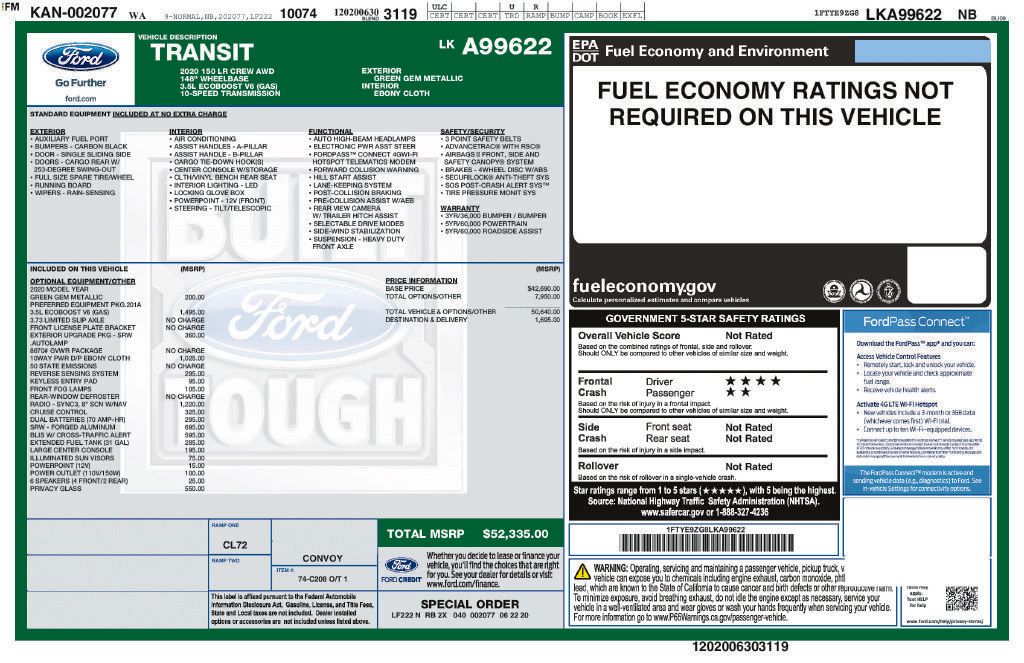 Certified 2020 Ford Transit 150 148 Low Roof AWD w/ Exterior Upgrade Package image 13