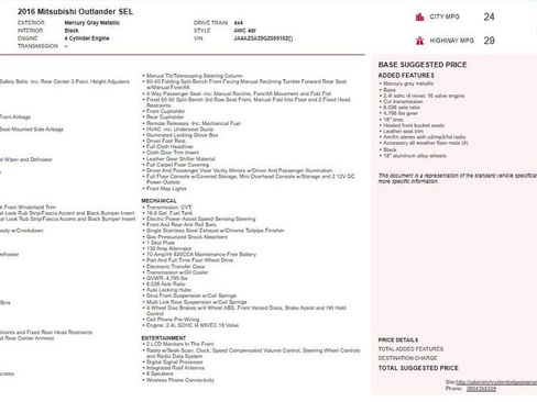 Used 2016 Mitsubishi Outlander SEL AWD/4WD image 2