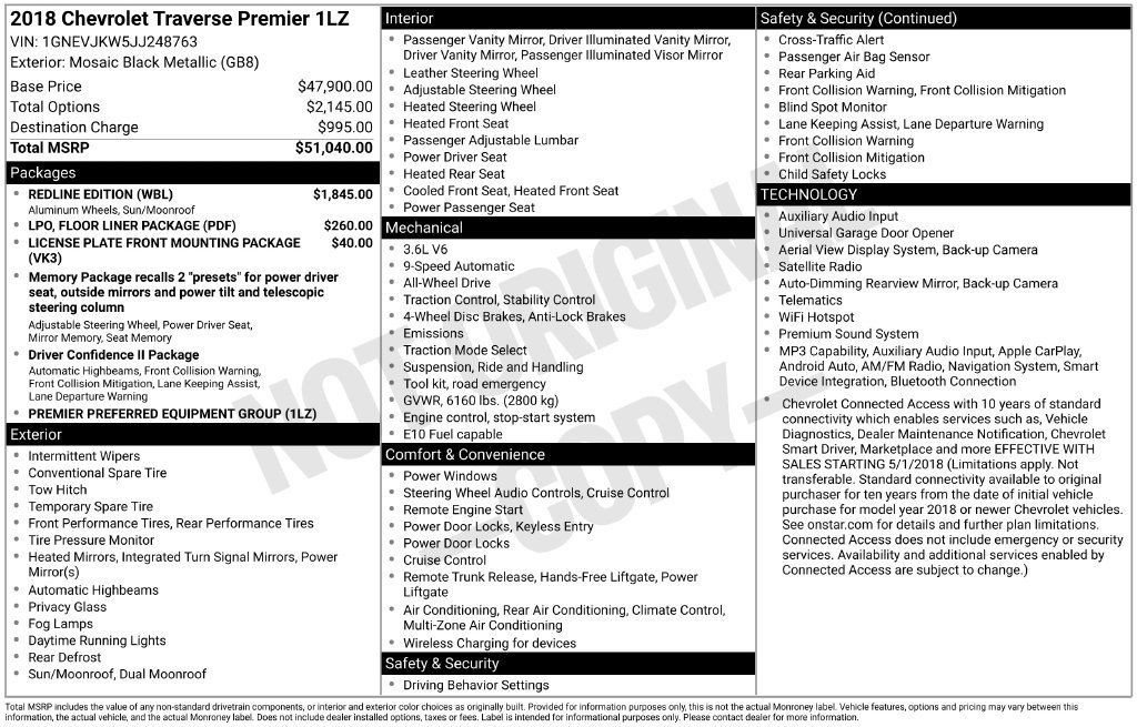 Used 2018 Chevrolet Traverse Premier w/ Redline Edition AWD/4WD image 2