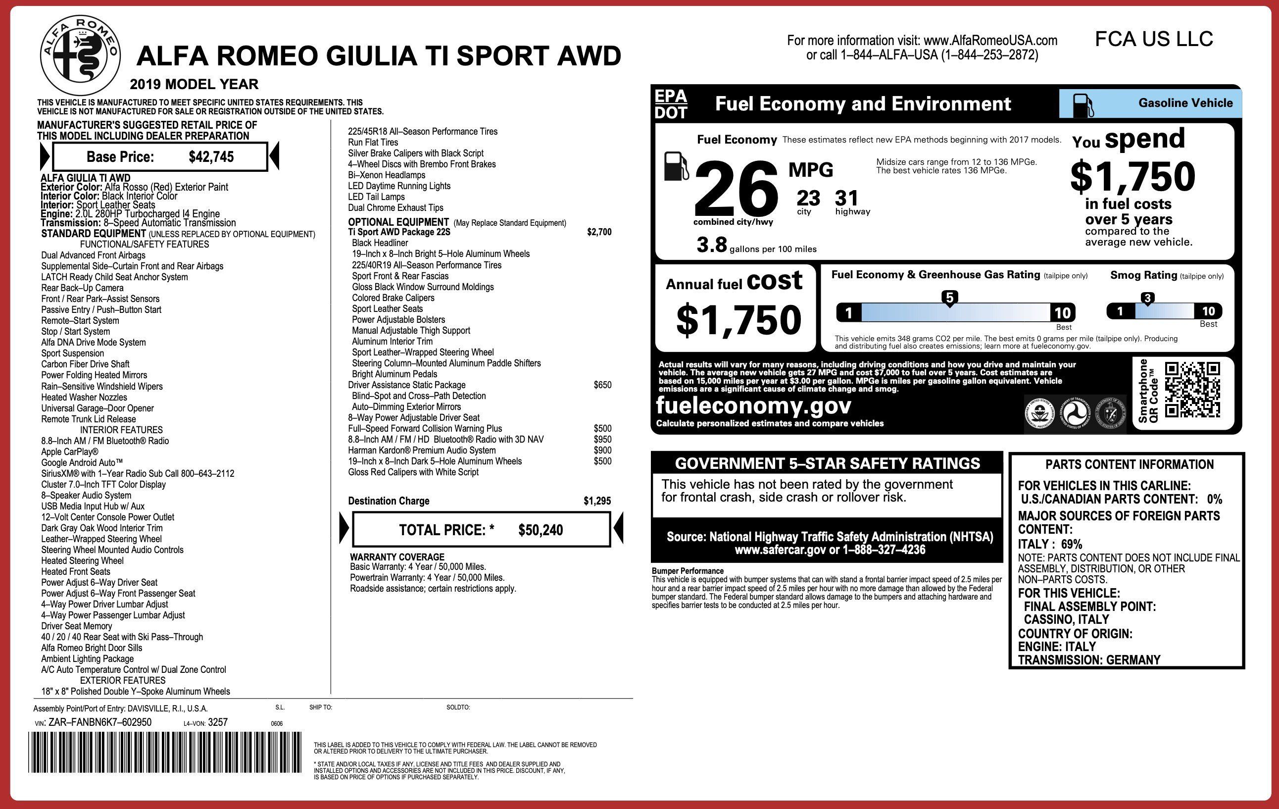 Used 2019 Alfa Romeo Giulia Ti Sport w/ Quick Order Package 22S Sport AWD/4WD image 3