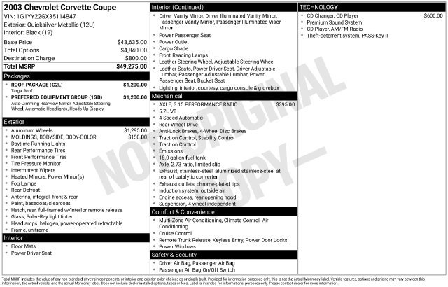 Used 2003 Chevrolet Corvette Coupe w/ Preferred Equipment Group RWD image 6