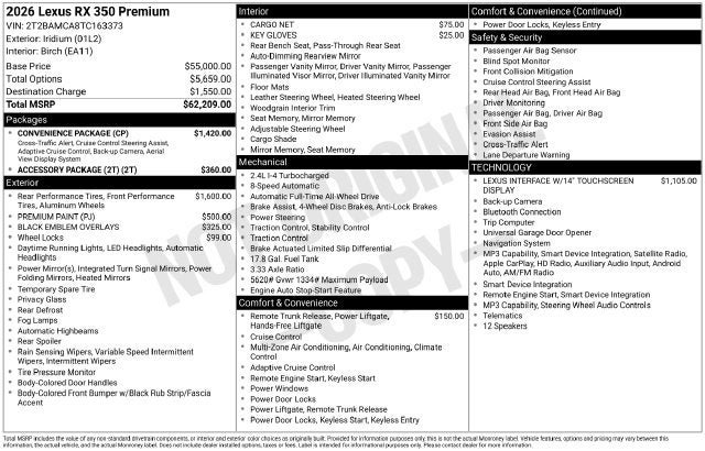 New 2026 Lexus RX 350 Premium w/ Convenience Package AWD/4WD image 39
