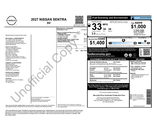 New 2027 Nissan Sentra SV w/ Floor Mat Package FWD image 11
