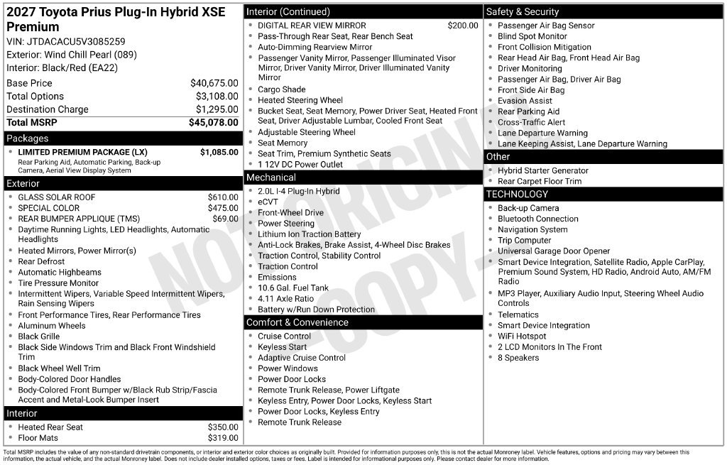 New 2027 Toyota Prius Plug-In Hybrid w/ Limited Premium Package FWD image 4