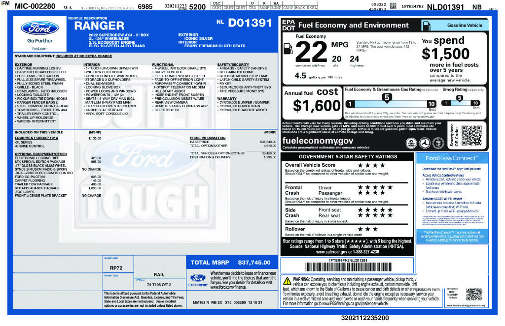 Certified 2022 Ford Ranger XL w/ Equipment Group 101A High AWD/4WD image 45